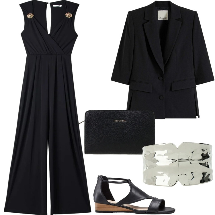 Outfit donna - Total look #2405819. Stile Chic per Serata fuori. Abbinamento con sandali, blazer, tute, borse a tracolla, braccialetti.