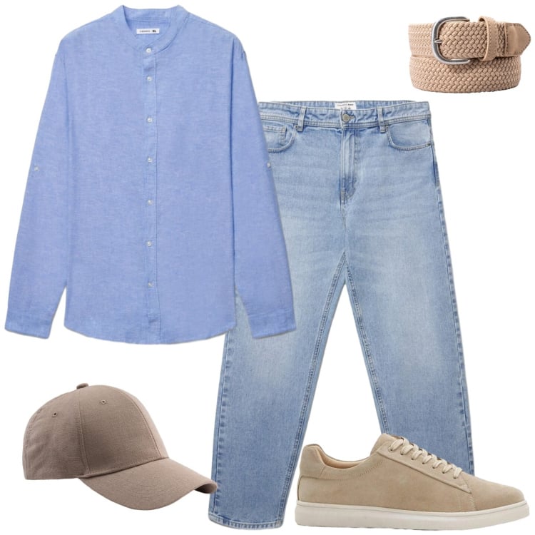 Outfit uomo - Brunch informale. Stile Casual per Tutti i giorni. Abbinamento con sneakers, camicie, jeans, cinture, cappelli con visiera.