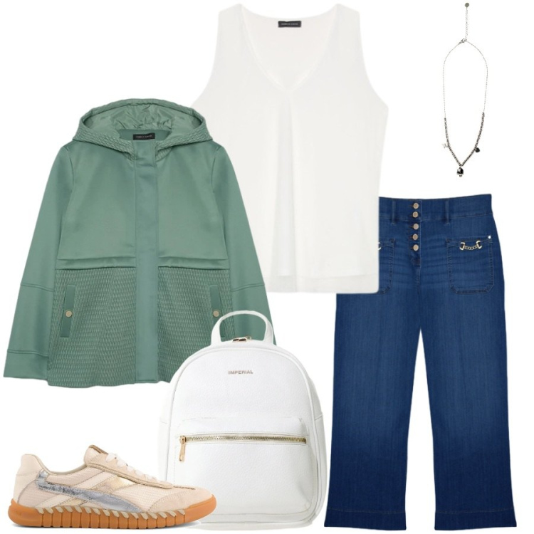 Outfit donna - Total look #2405822. Stile Casual chic per Tutti i giorni. Abbinamento con zaini, ciondoli, blazer, jeans, top, sneakers.