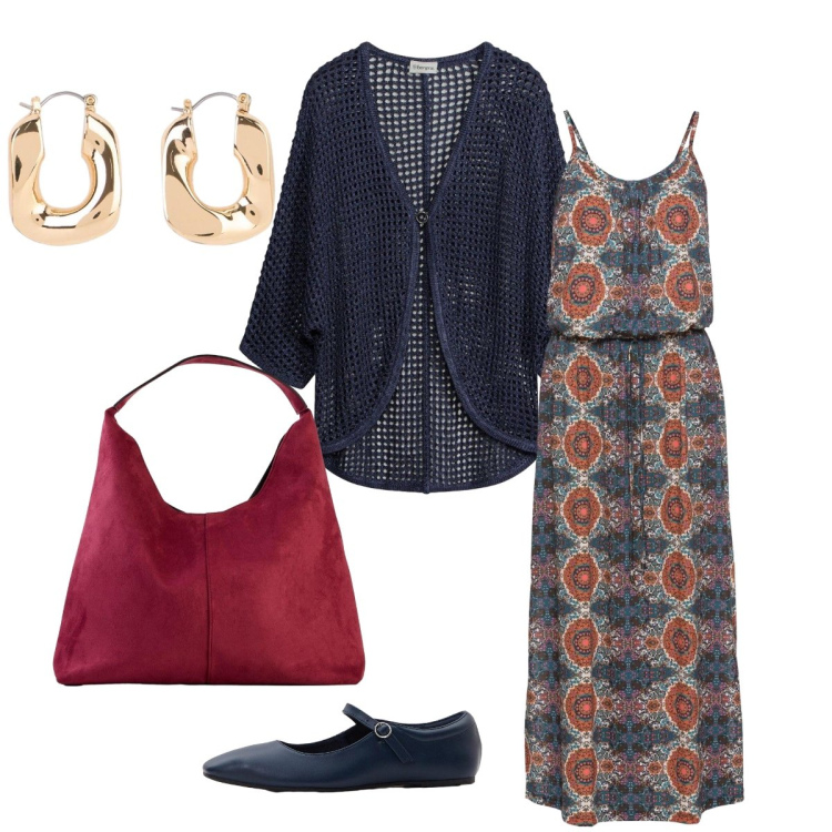 Outfit donna - Apericena con le amiche. Stile Glamour per Serata fuori. Abbinamento con borse a spalla, orecchini, ballerine, vestiti lunghi, cardigans.