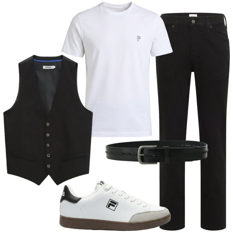 Outfit uomo - Brunch in T-shirt e jeans. Stile Casual per Tutti i giorni. Abbinamento con sneakers, jeans dritti, gilet, cinture, t-shirt.