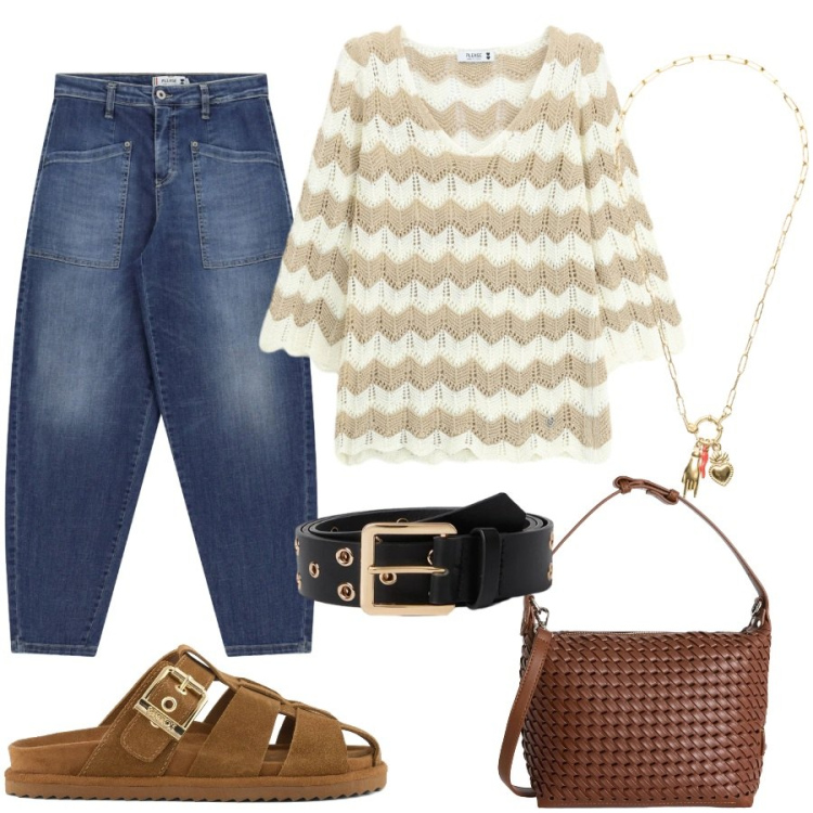 Outfit donna - Total look #2405826. Stile Casual chic per Tutti i giorni. Abbinamento con borse a spalla, maglieria, jeans, ciondoli, cinture, sandali in pelle.