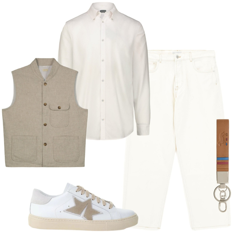 Outfit uomo - Outfit casual monocromatico. Stile Casual per Tutti i giorni. Abbinamento con jeans, sneakers, portachiavi, gilet, camicie.