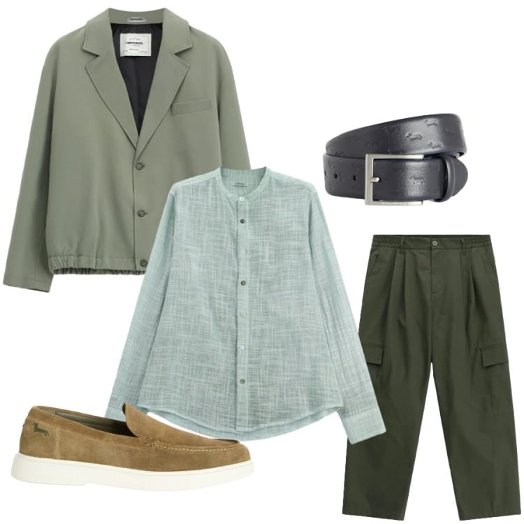 Outfit uomo - Total look #2405830. Stile Casual per Tutti i giorni. Abbinamento con giacche, pantaloni cargo, camicie, cinture, scarpe stringate.