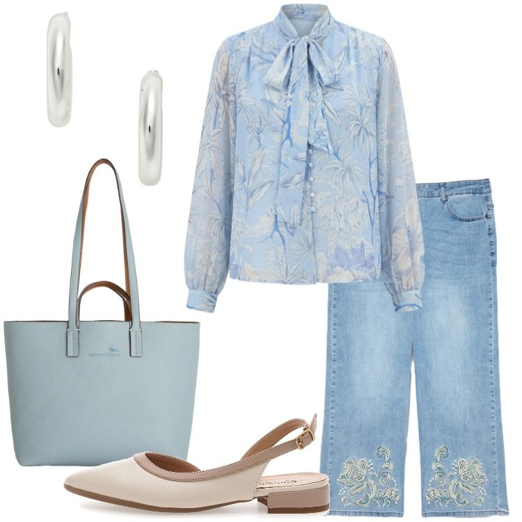 Outfit donna - Blusa + jeans - Il nuovo everyday look. Stile Romantica per Tutti i giorni. Abbinamento con bluse, shopping bag, jeans, orecchini, ballerine.