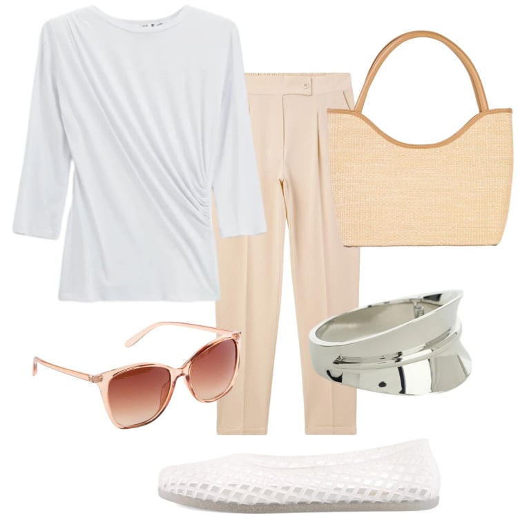 Outfit donna - Total look #2405893. Stile Casual chic per Tutti i giorni. Abbinamento con shopping bag, occhiali da sole, pantaloni chino, braccialetti, top, ballerine.