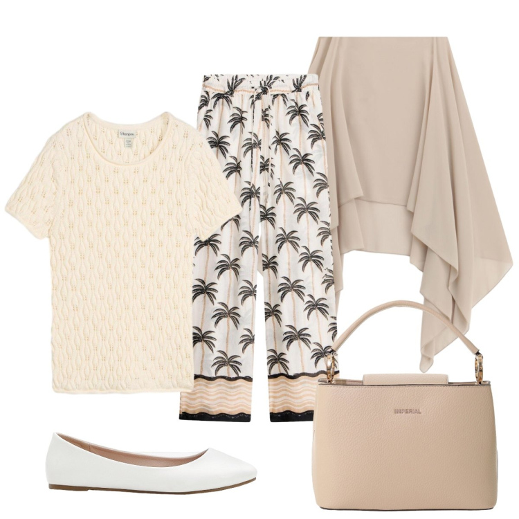 Outfit donna - L’eleganza dei toni naturali. Stile Chic per Tutti i giorni. Abbinamento con pantaloni a palazzo, maglieria, ballerine, borse a secchiello, cappe.