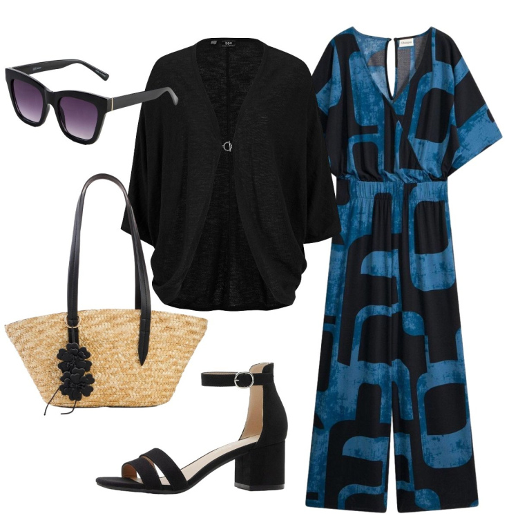 Outfit donna - La tuta con i disegni geometrici. Stile Casual chic per Tutti i giorni. Abbinamento con shopping bag, cardigans, occhiali da sole, sandali col tacco, tute.