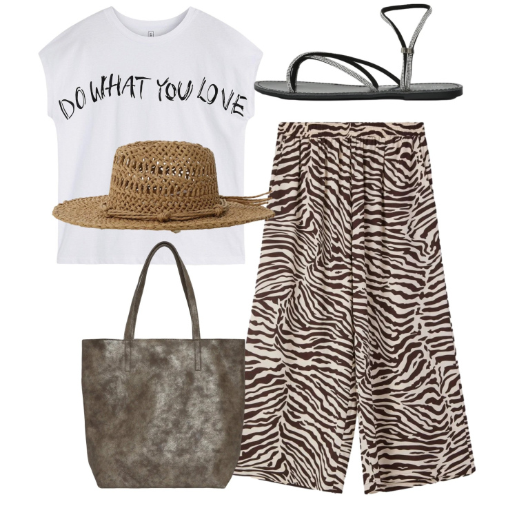 Outfit donna - Stampe che raccontano - Focus Donna Curv. Stile Basic per Tutti i giorni. Abbinamento con maglieria, pantaloni, shopping bag, sandali, cappelli.