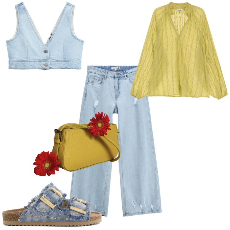Outfit donna - Jeans e senape. Stile Casual per Tutti i giorni. Abbinamento con jeans, top, borse a spalla, camicie, sandali.