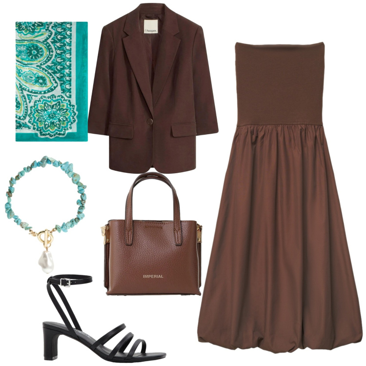Outfit donna - Total look #2405912. Stile Chic per Serata fuori. Abbinamento con sandali col tacco, blazer, vestiti midi/longuette, borse a tracolla, braccialetti, foulard.