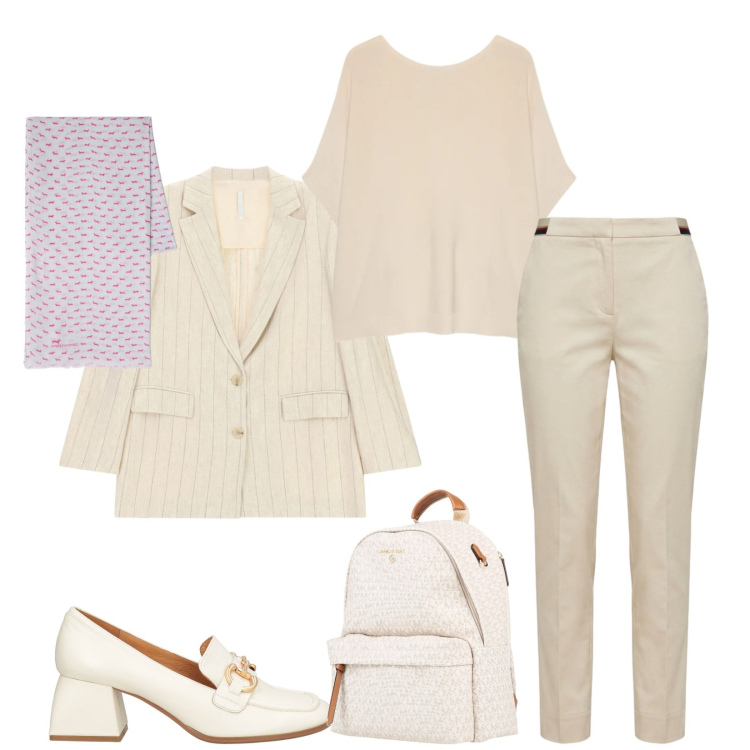 Outfit donna - Total look #2405917. Stile Casual chic per Ufficio. Abbinamento con zaini, mocassini, blazer, sciarpe, pantaloni chino, t-shirt.