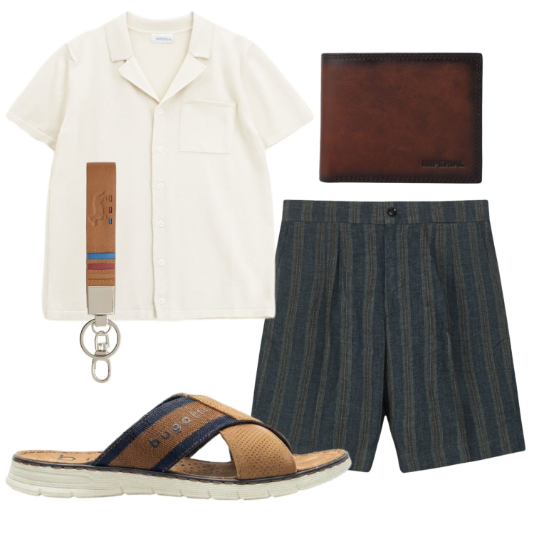 Outfit uomo - Total look #2405918. Stile Trendy per Tutti i giorni. Abbinamento con sandali, camicie a manica corta, portafogli, portachiavi, bermuda.