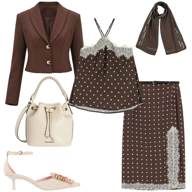Outfit donna - Total look #2405921. Stile Bon Ton per Cerimonia. Abbinamento con décolleté, sciarpe, blazer, canottiere, gonne lunghe, borse a secchiello.