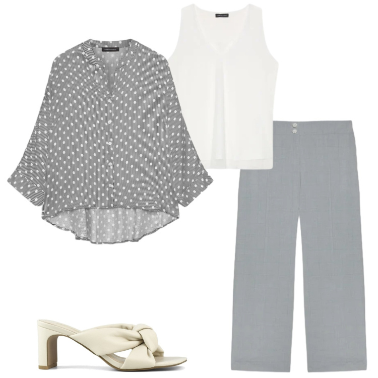 Outfit donna - Serate di fine maggio. Stile Casual chic per Serata fuori. Abbinamento con pantaloni, camicie, top, sandali col tacco.