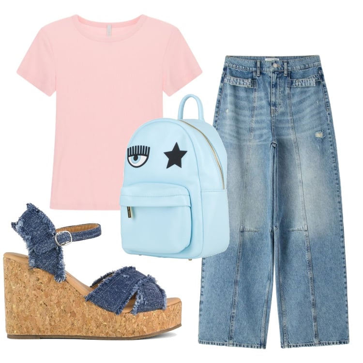 Outfit donna - Total look #2405923. Stile Casual per Tutti i giorni. Abbinamento con zaini, jeans, t-shirt, zeppe.