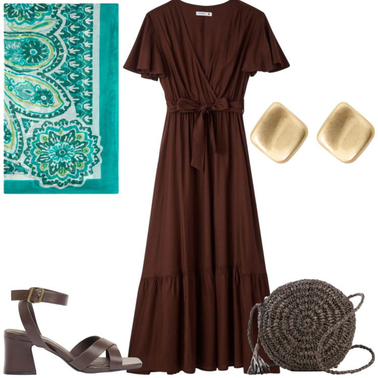 Outfit donna - Total look #2405927. Stile Etnico per Tutti i giorni. Abbinamento con borse a tracolla, sandali col tacco, vestiti lunghi, orecchini, foulard.