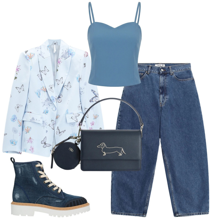 Outfit donna - Total look #2405929. Stile Casual chic per Tutti i giorni. Abbinamento con stivaletti, canottiere, blazer, borse a tracolla, jeans.