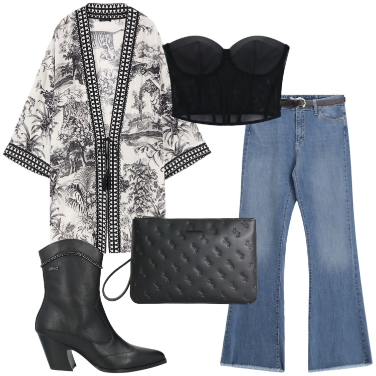 Outfit donna - Serata per locali. Stile Urban per Serata fuori. Abbinamento con stivaletti, top, anelli, jeans, caftani.