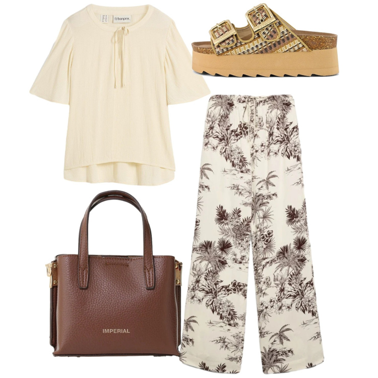 Outfit donna - Stampe che raccontano - Focus Donna Curv. Stile Bon Ton per Tutti i giorni. Abbinamento con tuniche, pantaloni, borse a tracolla, sandali.