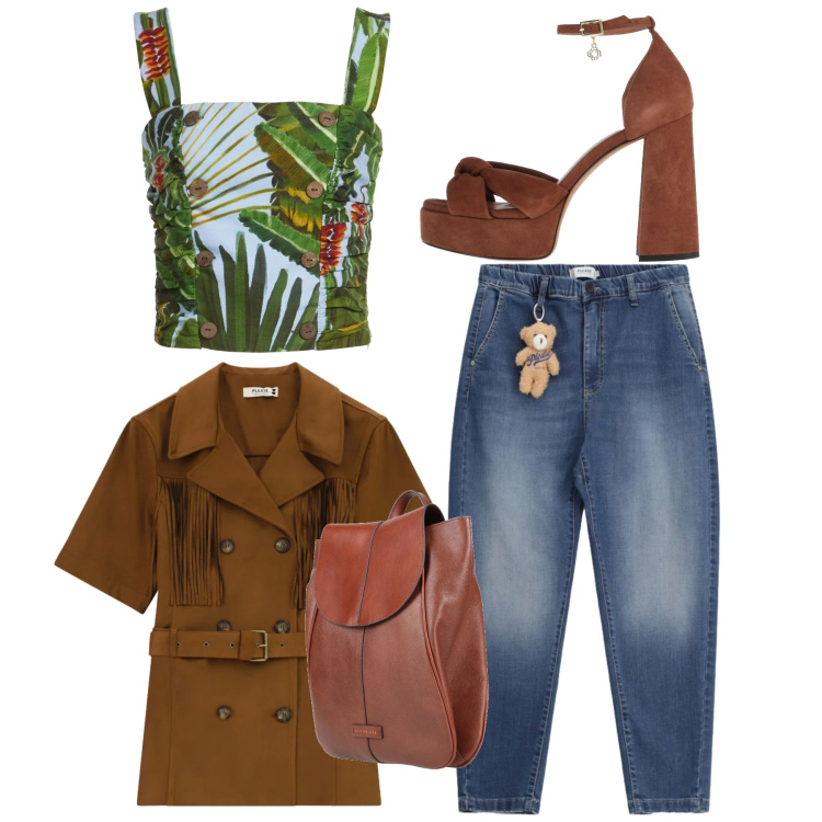 Outfit donna - Stampe che raccontano - Focus Donna Curv. Stile Casual per Tutti i giorni. Abbinamento con sandali in pelle, top, zaini, jeans, giacche.
