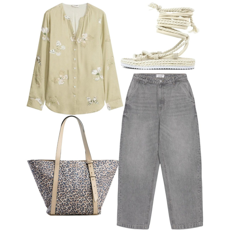 Outfit donna - Total look. Stile Casual per Tutti i giorni. Abbinamento con camicie, shopping bag, jeans dritti, sandali.