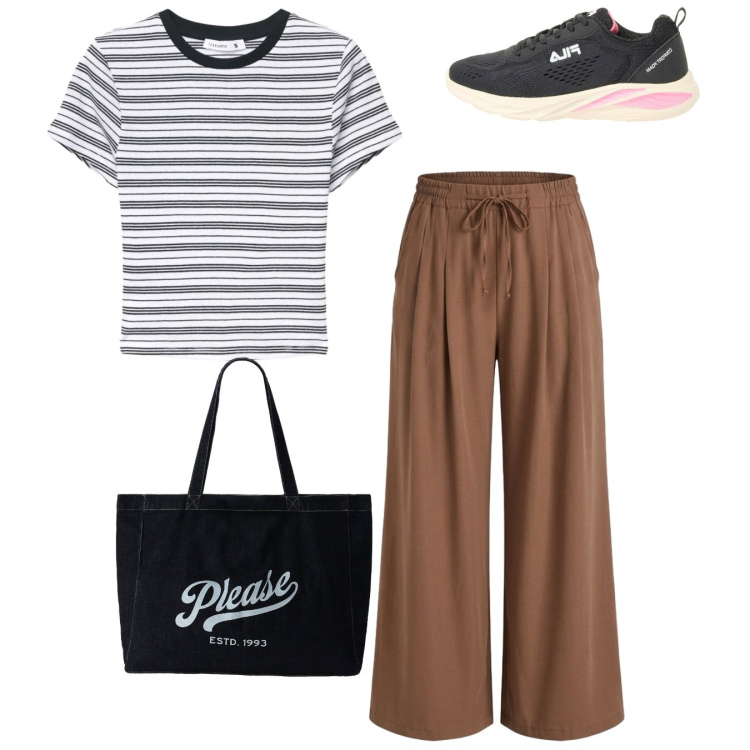 Outfit donna - Total look. Stile Basic per Tutti i giorni. Abbinamento con sneakers, pantaloni, t-shirt, shopping bag.