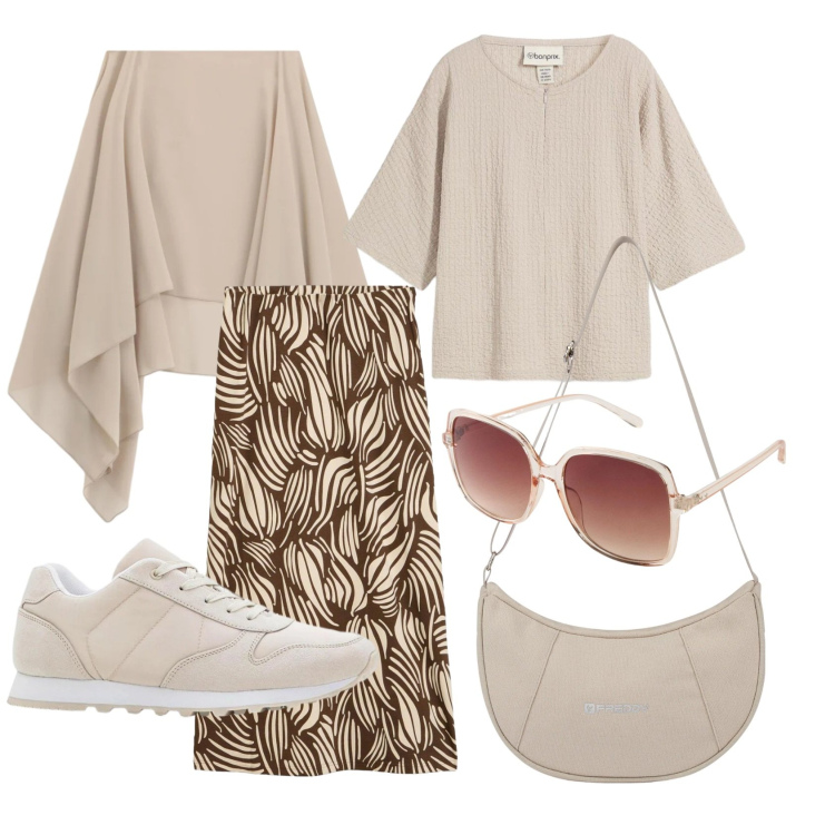 Outfit donna - Giretto al mercato. Stile Romantica per Tutti i giorni. Abbinamento con occhiali da sole, sneakers, gonne, t-shirt, cappe, borse a spalla.
