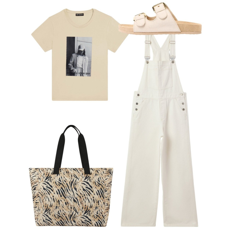 Outfit donna - Total look. Stile Casual per Tutti i giorni. Abbinamento con ciabatte, salopette, shopping bag, t-shirt.