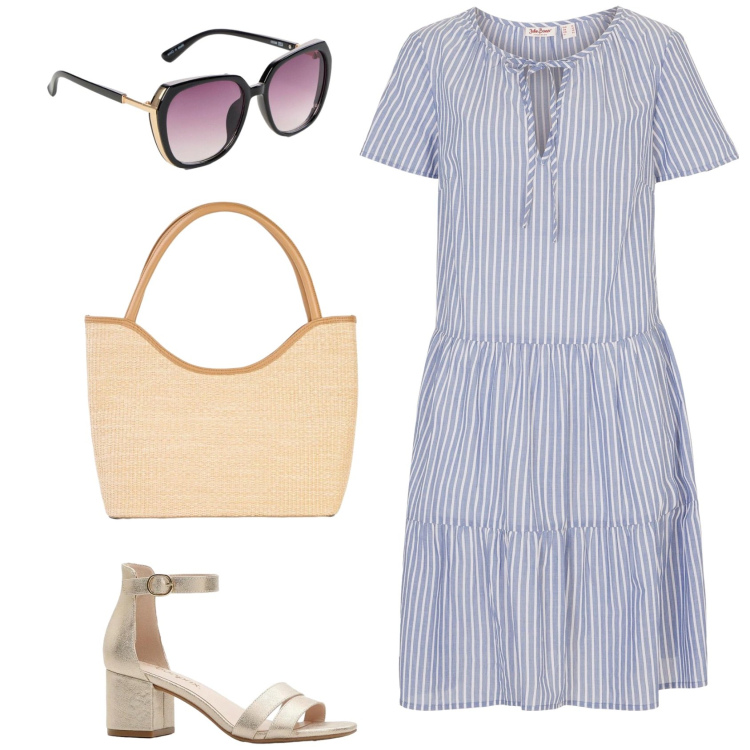 Outfit donna - Il vestito a righe. Stile Casual per Ufficio. Abbinamento con vestiti, sandali col tacco, shopping bag, occhiali da sole.