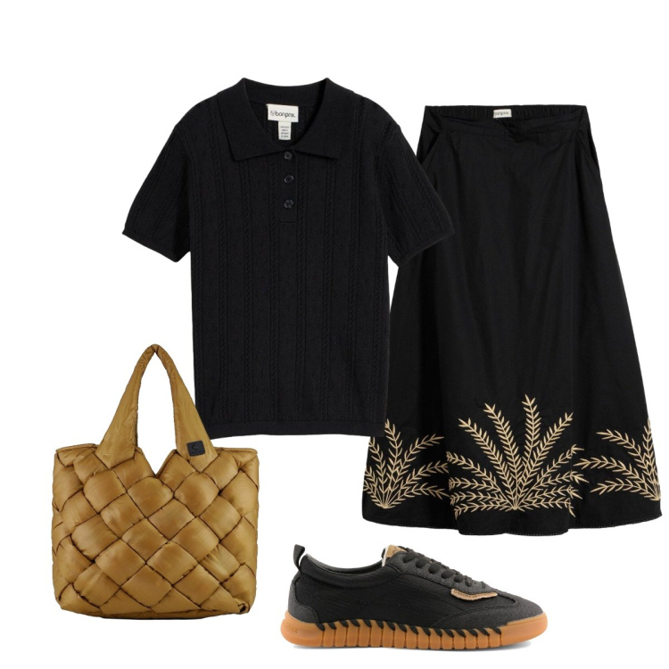 Outfit donna - Nero e oro. Stile Minimal per Tutti i giorni. Abbinamento con t-shirt, gonne lunghe, borse tote, sneakers.