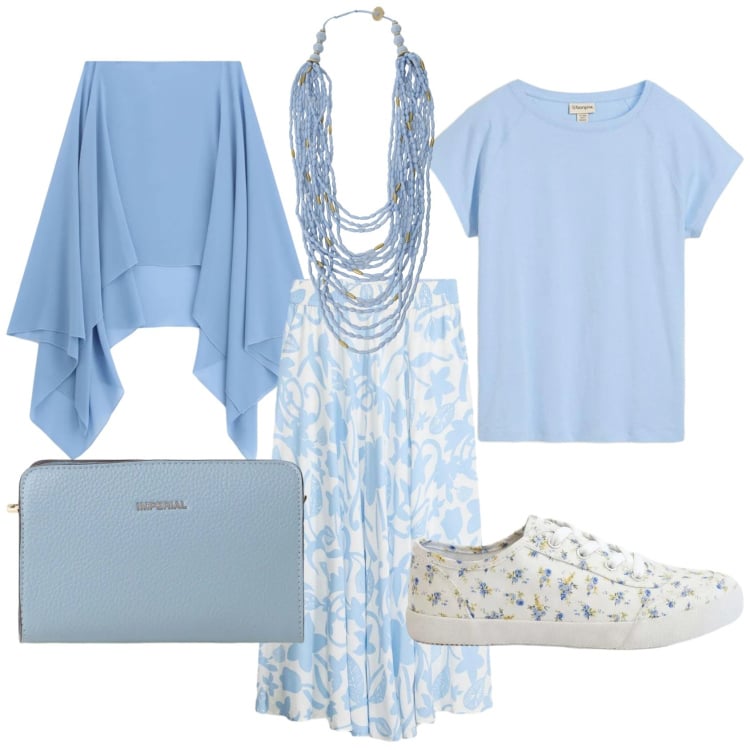 Outfit donna - Azzurro maggio. Stile Romantica per Tutti i giorni. Abbinamento con gonne lunghe, t-shirt, sneakers, cappe, borse a tracolla, collane.