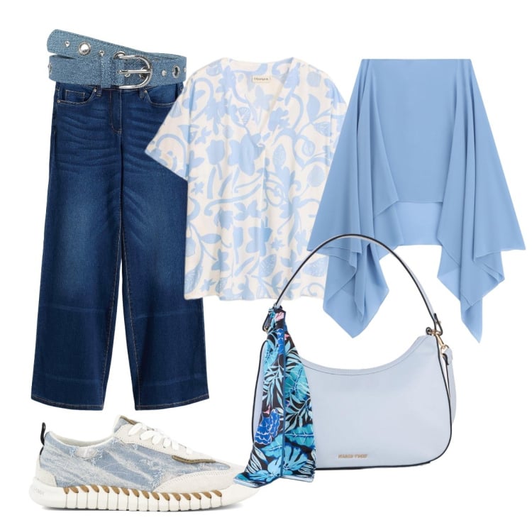 Outfit donna - In città. Stile Casual chic per Tutti i giorni. Abbinamento con tuniche, jeans, borse a mano, cinture, cappe, sneakers.