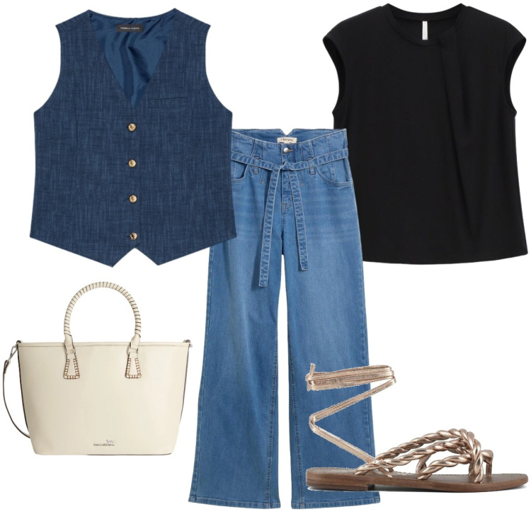 Outfit donna - Free time. Stile Basic per Tutti i giorni. Abbinamento con jeans, top, shopping bag, gilet, sandali in pelle.