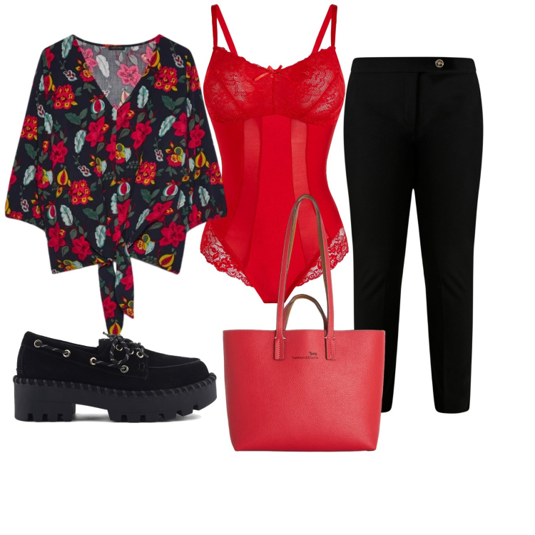 Outfit donna - Sexy casual. Stile Sexy per Serata fuori. Abbinamento con body, pantaloni skinny, shopping bag, bluse, mocassini.