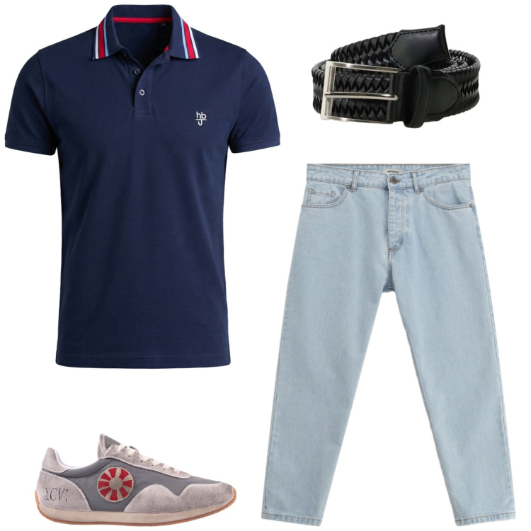 Outfit uomo - Semplice trio. Stile Casual per Tutti i giorni. Abbinamento con jeans, cinture, polo, sneakers.