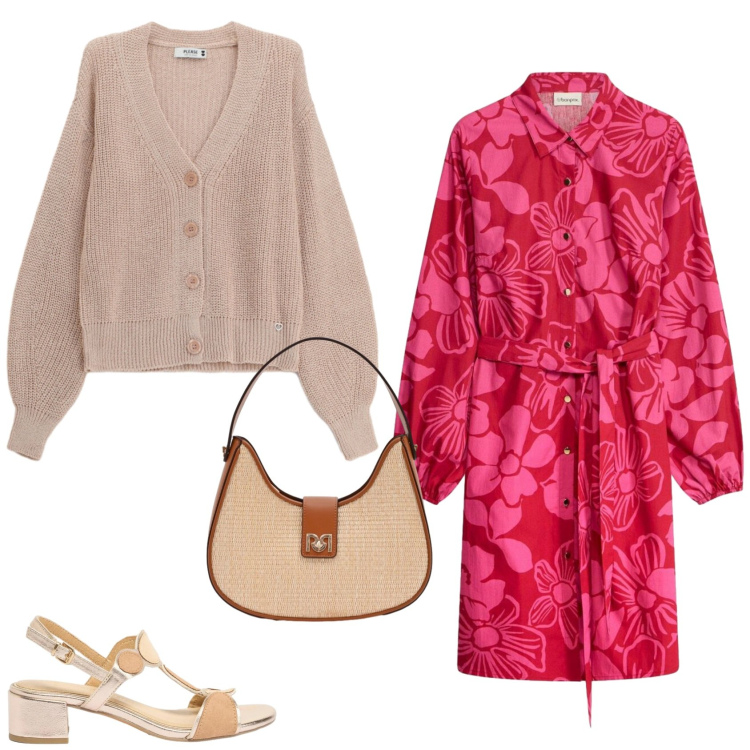Outfit donna - Un outfit in primavera. Stile Chic per Tutti i giorni. Abbinamento con vestiti chemisier, sandali col tacco, borse a spalla, cardigans.