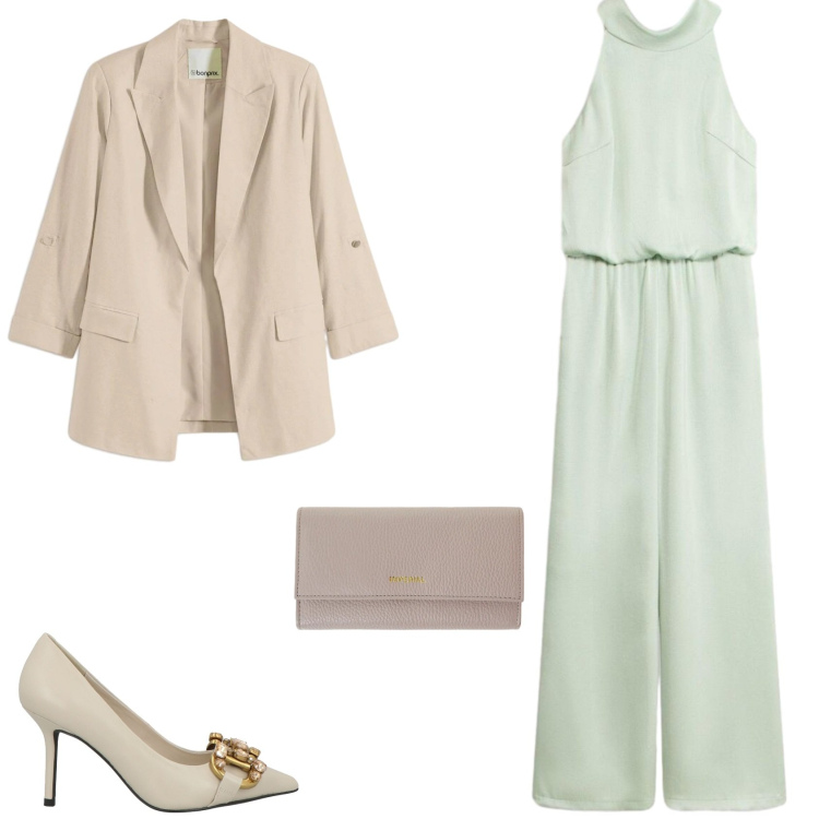 Outfit donna - La tuta elegante. Stile Glamour per Cerimonia. Abbinamento con décolleté, tute, blazer, portafogli.