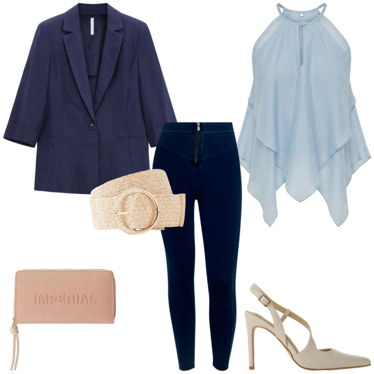 Outfit donna - Outfit per una serata fuori. Stile Glamour per Serata fuori. Abbinamento con cinture, canottiere, décolleté, portafogli, blazer, jeans skinny.