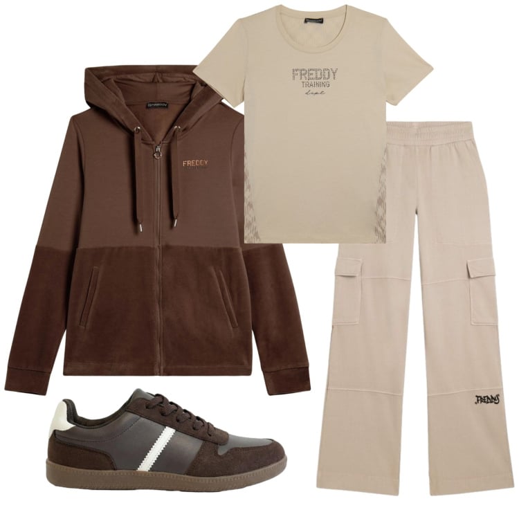 Outfit donna - Total look #2405965. Stile Casual per Sport. Abbinamento con sneakers, pantaloni cargo, felpe con cappuccio, t-shirt.