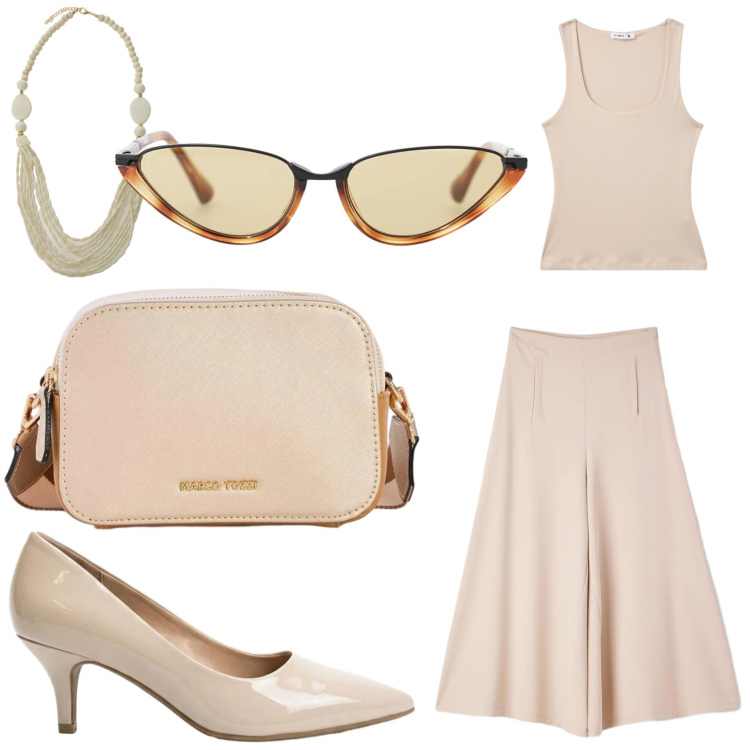 Outfit donna - Total beige. Stile Casual chic per Tutti i giorni. Abbinamento con borse a tracolla, décolleté, canottiere, pantaloni, collane, occhiali da sole.