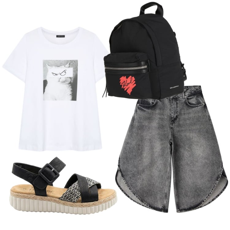 Outfit donna - Total look #2405968. Stile Trendy per Scuola/Università. Abbinamento con zaini, sandali, pantaloni corti, t-shirt.