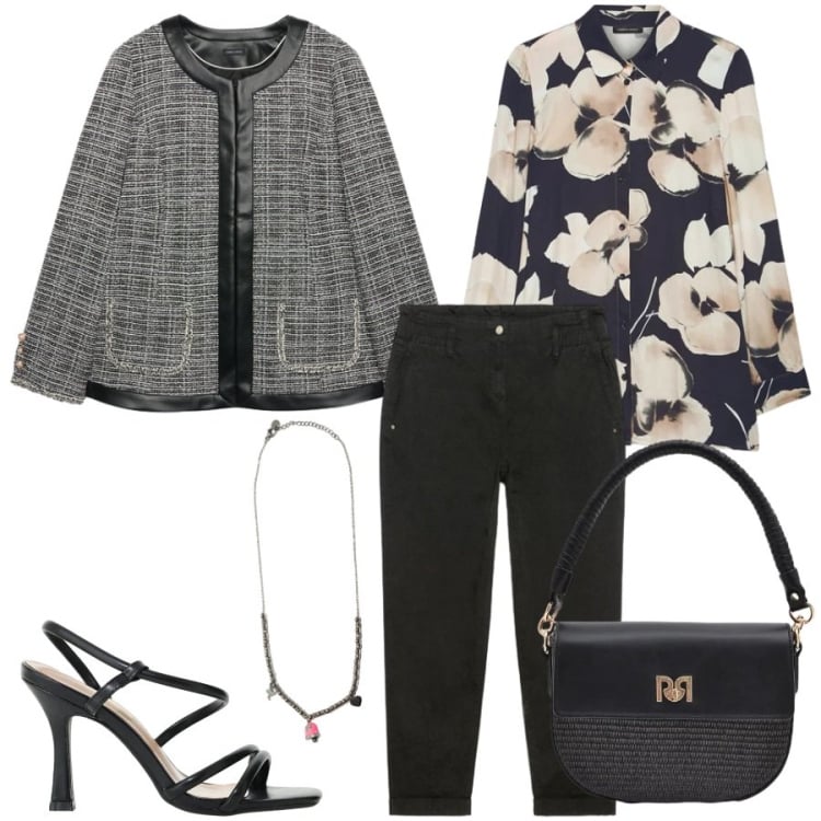 Outfit donna - Total look #2405969. Stile Casual chic per Tutti i giorni. Abbinamento con sandali col tacco, borse a spalla, camicie, blazer, pantaloni, ciondoli.
