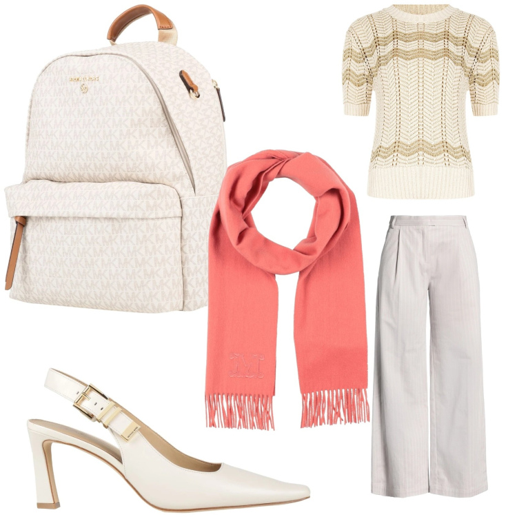 Outfit donna - Il foulard colorato che spezza. Stile Bon Ton per Ufficio. Abbinamento con pantaloni, zaini, sciarpe, décolleté, t-shirt.