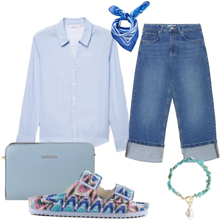 Outfit donna - Total look #2405976. Stile Casual chic per Tutti i giorni. Abbinamento con foulard, camicie, jeans, borse a tracolla, braccialetti, sandali.
