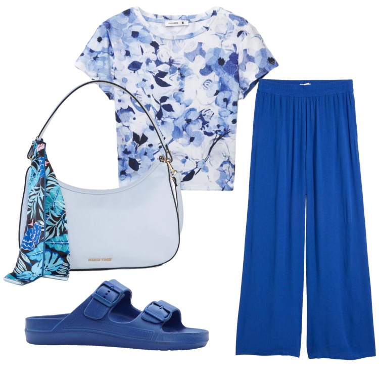 Outfit donna - Total look #2405983. Stile Basic per Tutti i giorni. Abbinamento con ciabatte, borse a mano, pantaloni, t-shirt.