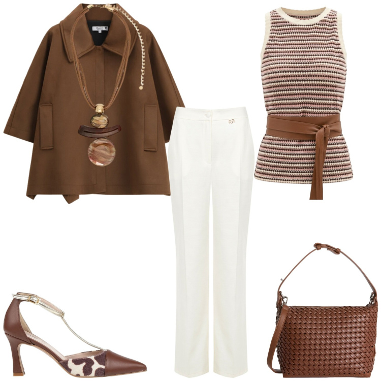 Outfit donna - Maggio in leggerezza. Stile Casual chic per Tutti i giorni. Abbinamento con décolleté, pantaloni a palazzo, canottiere, borse a spalla, cappotti, ciondoli.