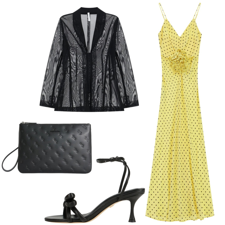 Outfit donna - In giallo con micro pois. Stile Glamour per Cerimonia. Abbinamento con sandali in pelle, vestiti lunghi, blazer, anelli.