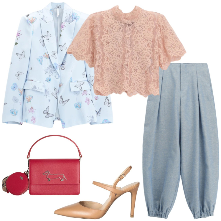 Outfit donna - Glamour a maggio. Stile Glamour per Tutti i giorni. Abbinamento con décolleté, pantaloni, blazer, top, borse a tracolla.
