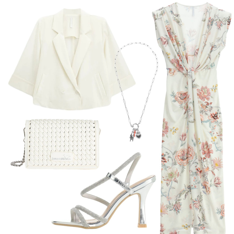 Outfit donna - Fiori e profondo spacco. Stile Romantica per Cerimonia. Abbinamento con vestiti lunghi, blazer, sandali col tacco, borse a tracolla, ciondoli.